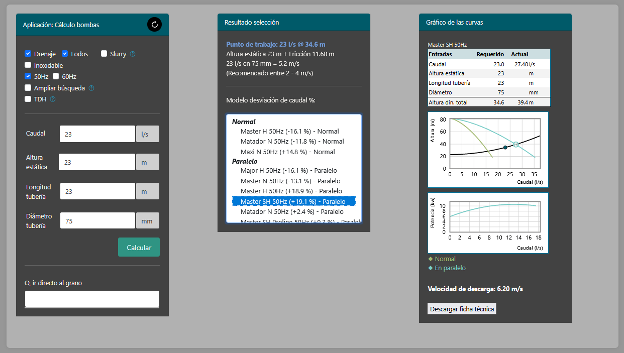 Interfaz de herramienta online para cálculo de bombas